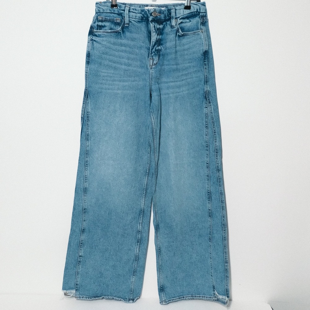 Good American Good Skate Jeans Womens 6 28 Blue High Rise Wide Leg Grunge Hem
